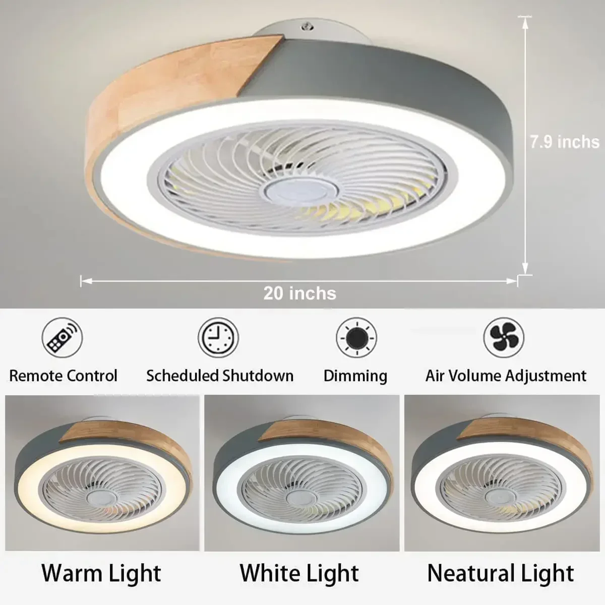 Moderno Perfil Baixo Ventilador De Teto De Madeira, Controle Remoto, Regulável, 3 Cores Temporização, Lâmpada LED, Interior, Crianças