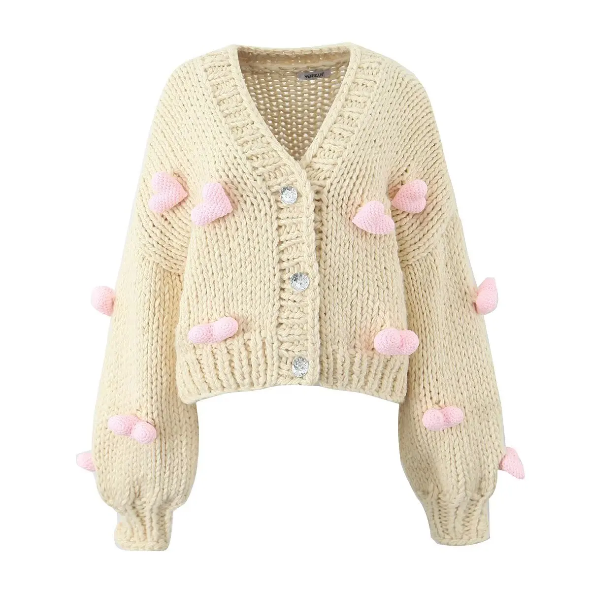 Autumn New Nordic Sweet Girl Temperament Lazy Loose Pure Handmade Pink Love Sweater Cardigan Short Jacket