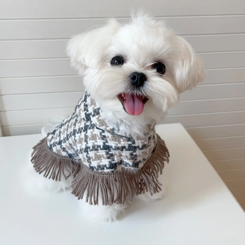 Dog Hooded Cape Plaid Woolen Jacket Dog Clothes Dogs Tassel Cape Pet Supplies Kitten Cape for Small Dogs Jacket Dog Coat