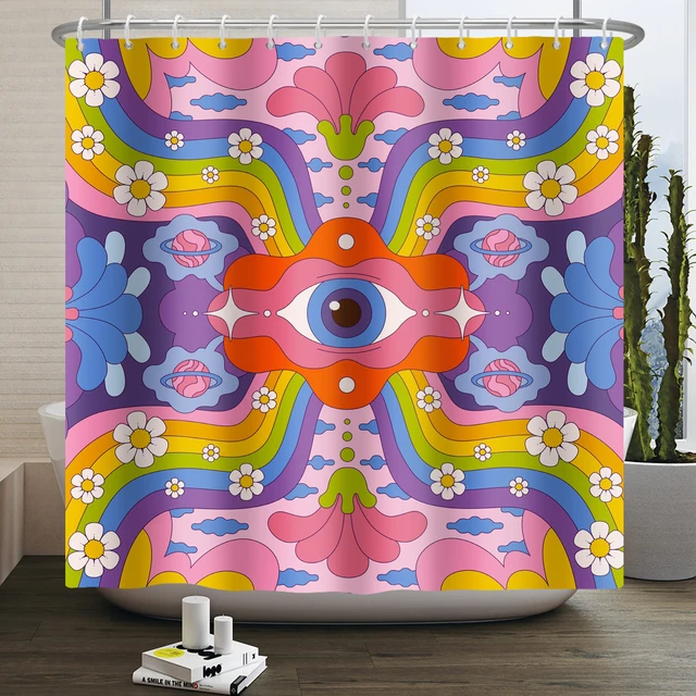 Retro Rainbow Burst Shower Curtain,obohemian, custom shower, bathroom decor,oboho decor,o70s, 60s, vintage outlets style