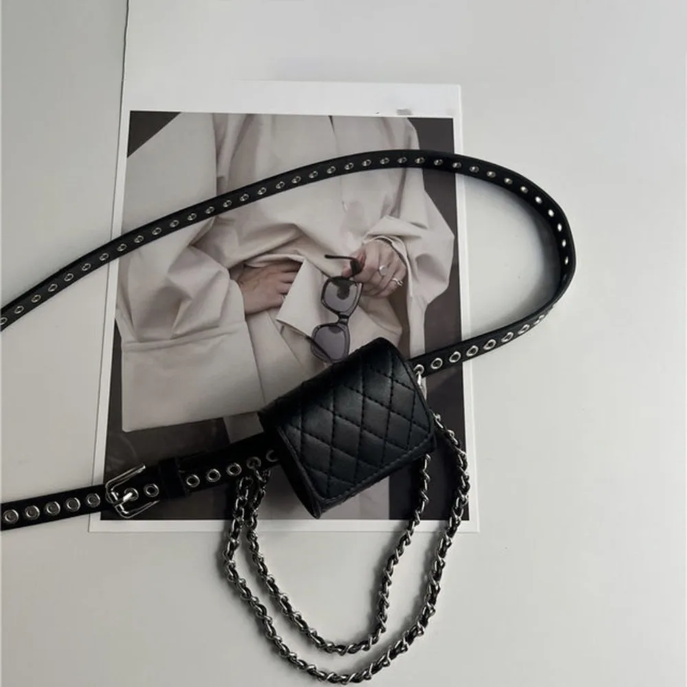 

Ins Korean Style Women Waist Bag Silver PU Belt Waist Bag Small Bag Chain Decorative Women Belt Bag Outdoor