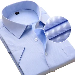 Plus Size Men Dress Shirts Short Sleeve Slim Fit Solid Striped Business Formal White Man Shirt Male Social Casual Clothing