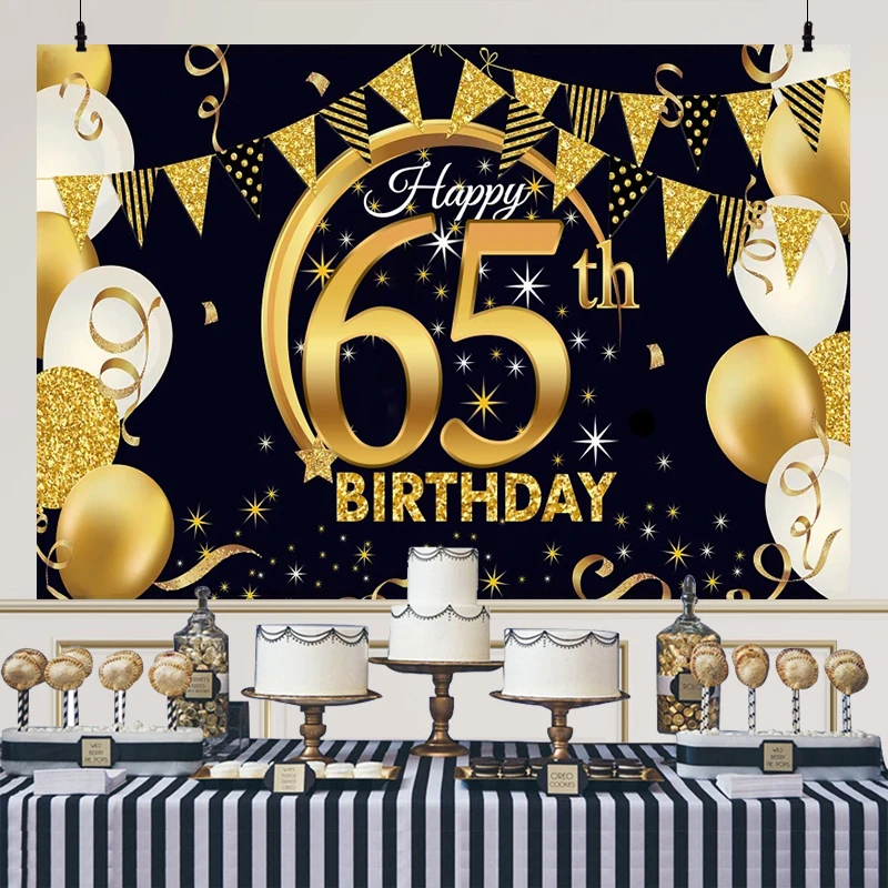 65th Party Backdrop 65 Years Birthday Man Women Sixty-Five Anniversary Decorations Banner Glitter Balloons Photo Background Prop