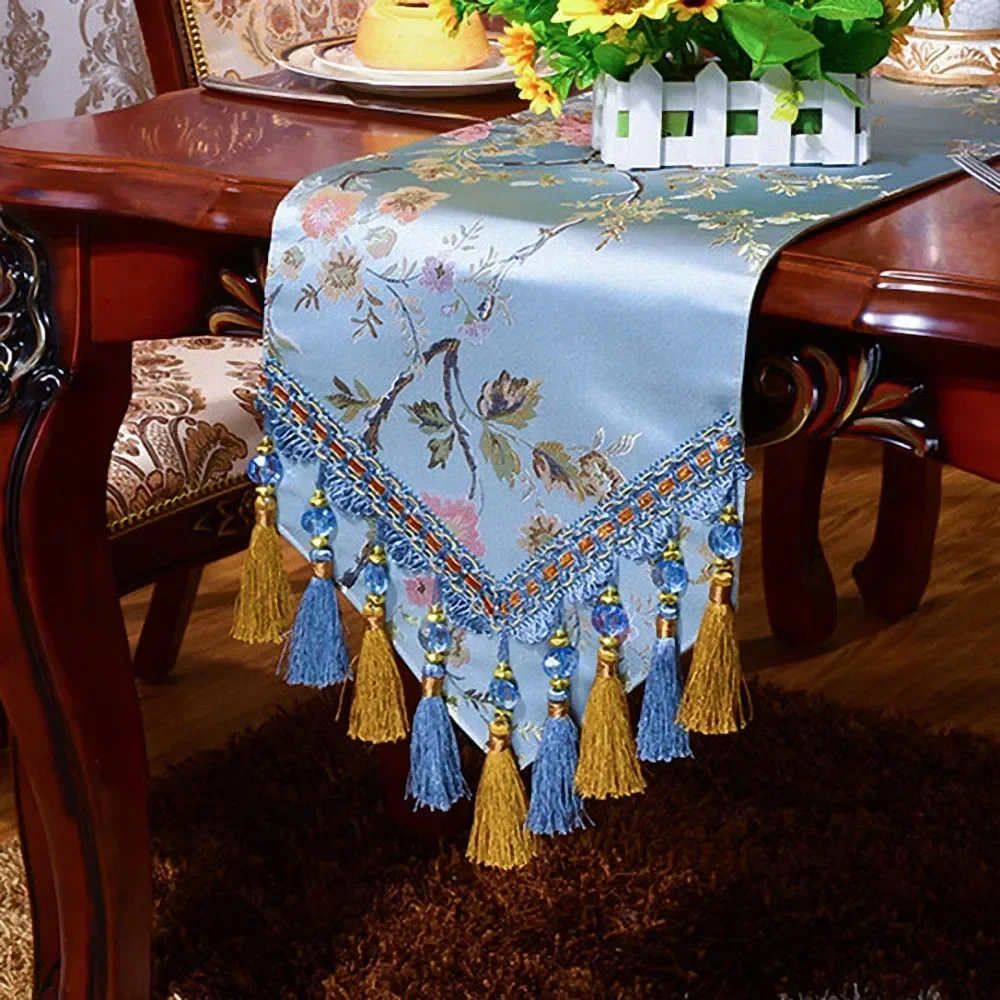 

High Quality Satin Embroidery Table Runner Bed Flag Wedding Birthday Party Decoration Luxury Jacquard Tablecloth Table Flag