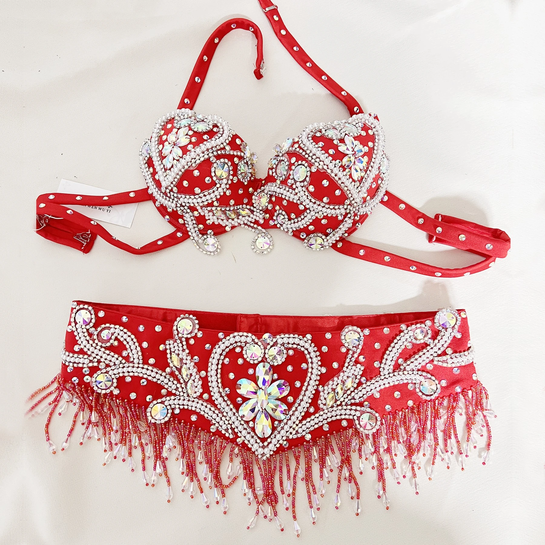 Carnival Samba show Crystal Crystal red Belly dancing Costume+Belt 2pc Set Ladies Belly Dance  bikini club party outfit Bar