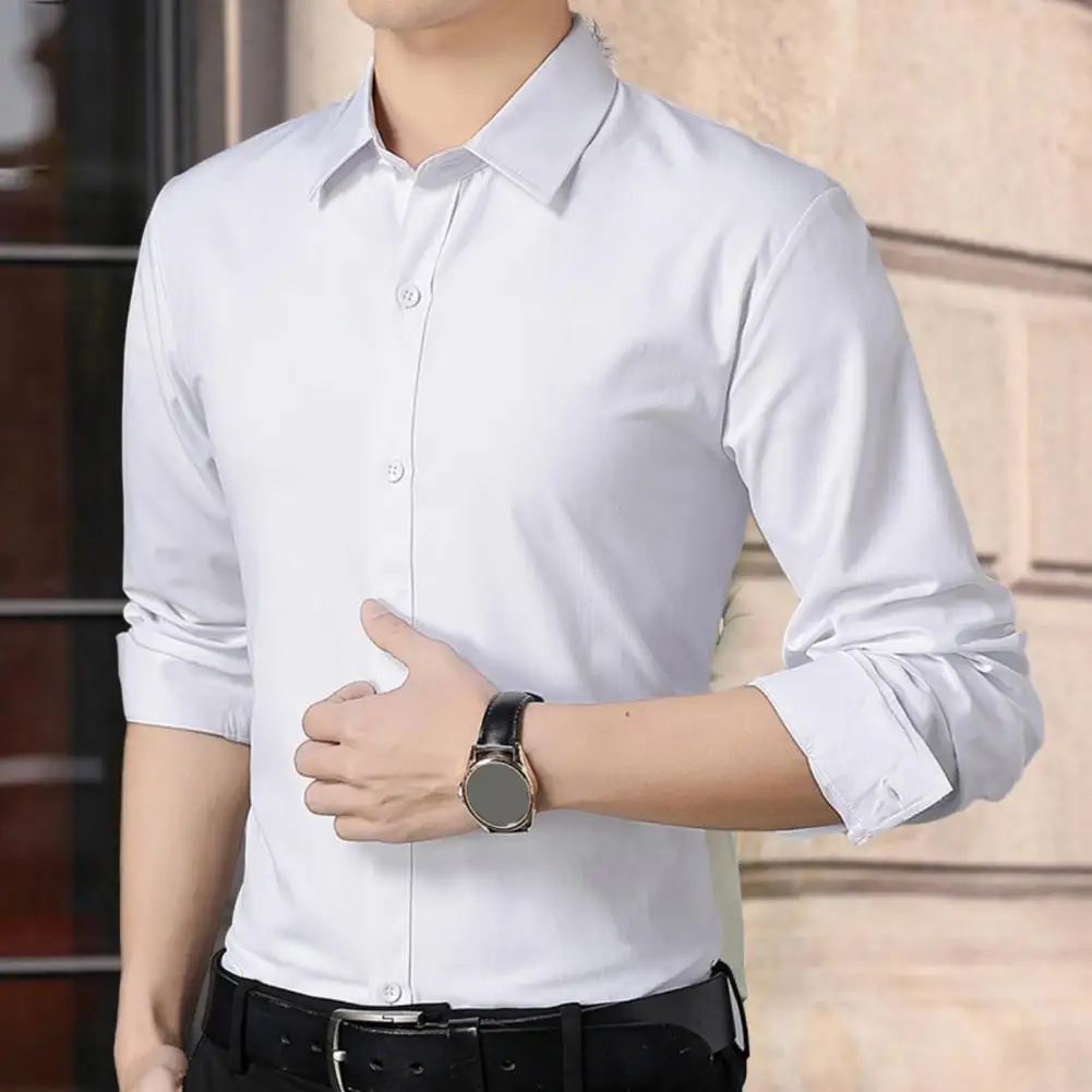 

Men Shirt Lapel Collar Single-breasted Long Sleeve Office Shirt Breathable Sweat Absorption Slim-Fit Business Shirt Top Costume