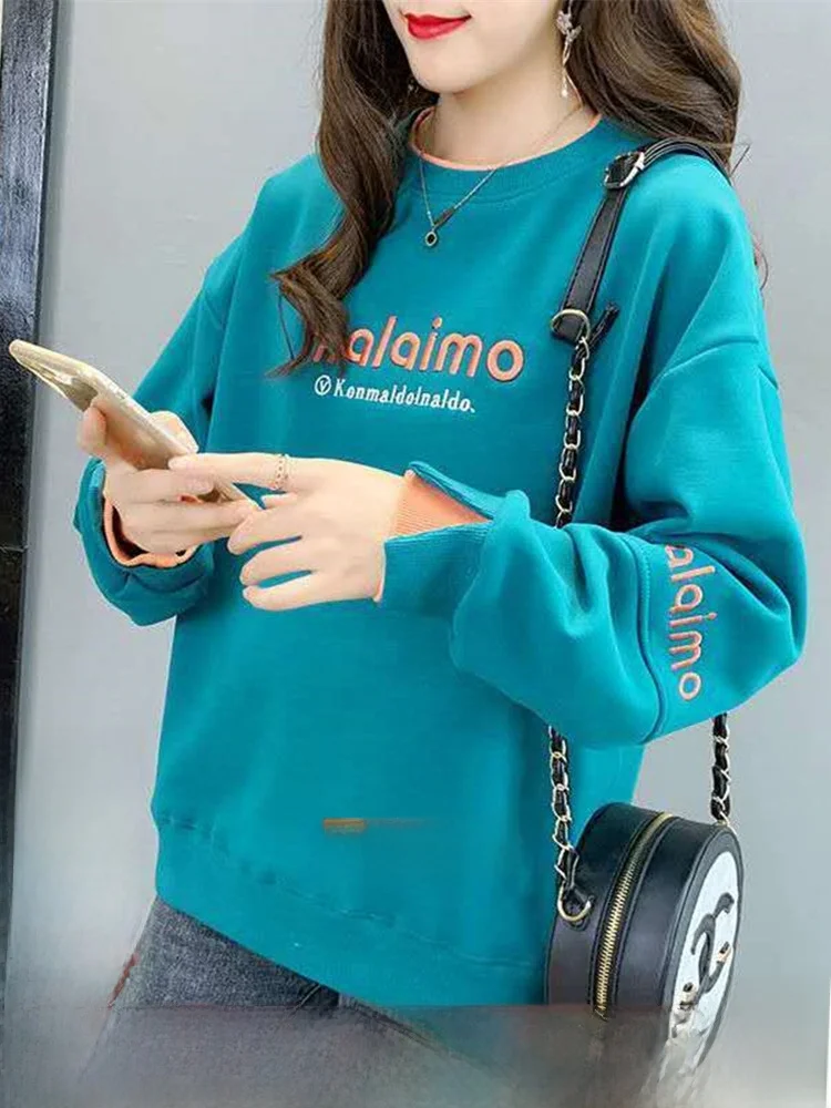 

Women's Embroidered Sweatshirt Loose Fit Fashionable Outerwear Spring Autumn Color Block Slimming Top Korean Style Long Sleeve