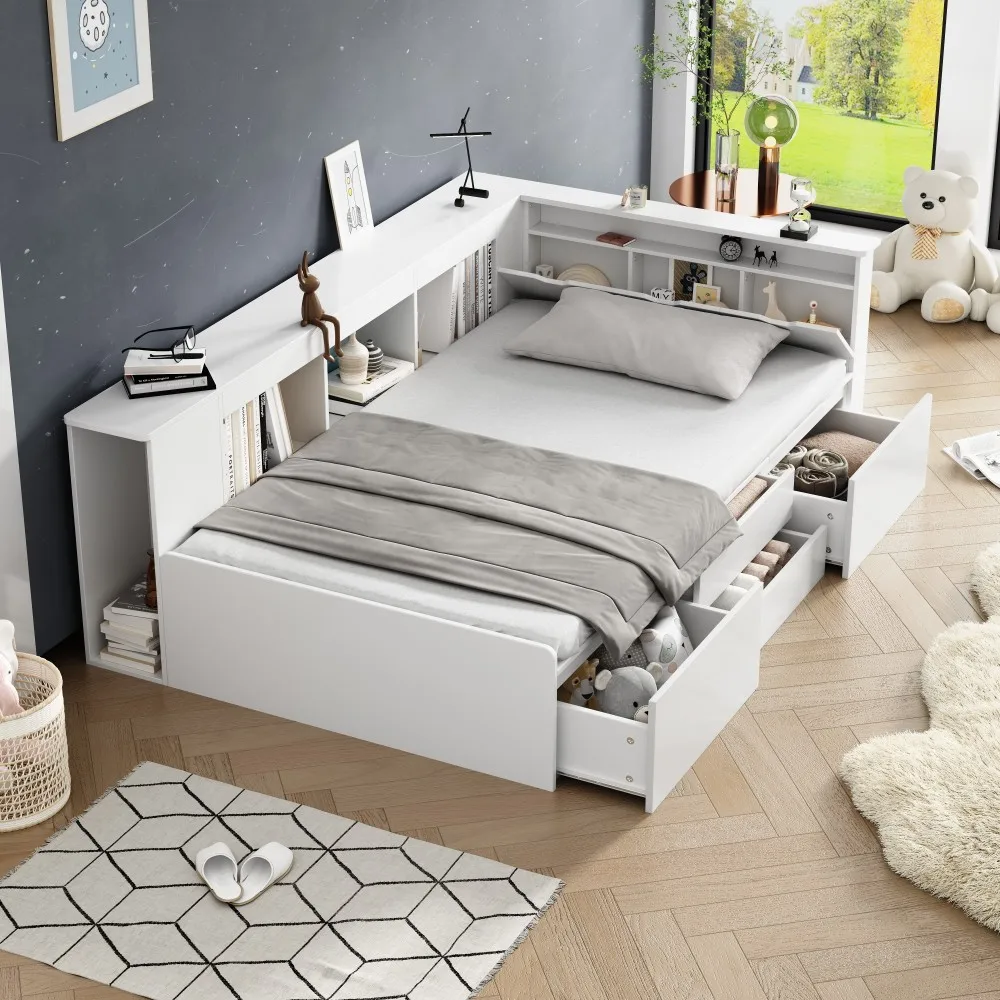 Platzsparende weiße Babymöbel – multifunktionales Kinderbett mit Schubladen, Einzelbett, Bücherregal, Aufbewahrung, Bettkasten (keine Matratze) – Detail 3