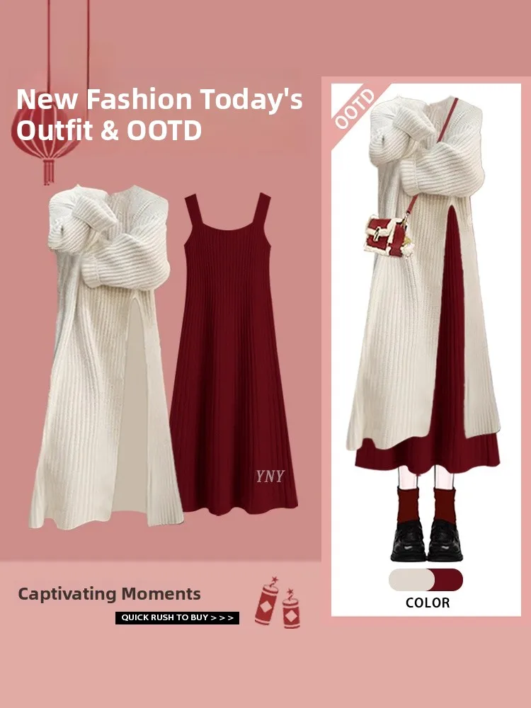 

Мягкий уютный свитер с разрезом и красными бретелями, комплект из двух предметов для женщин, весна-осень, модный повседневный комплект с круглым вырезом и длинными рукавами