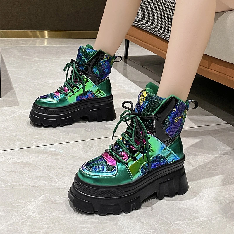 Women Autumn Ankle Boots New 2022 High Top Bling Chunky Sneakers Lace-up Platform Leather Shoes 8CM Heel Casual Motorcycle Boots