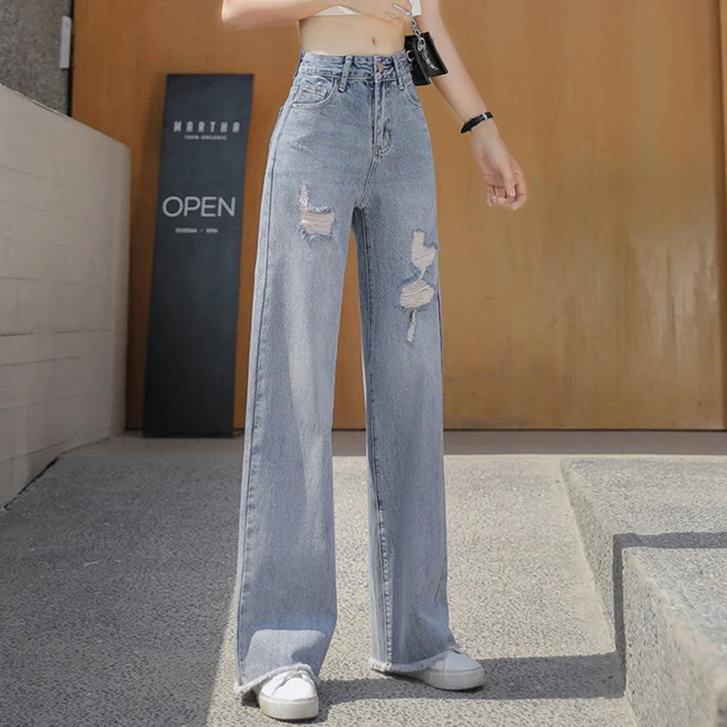 

Korean Solid High Waist Ripped Women Jeans Fashion Casual Straight Ladies Denim Pants All Match New Pockets Female Pants