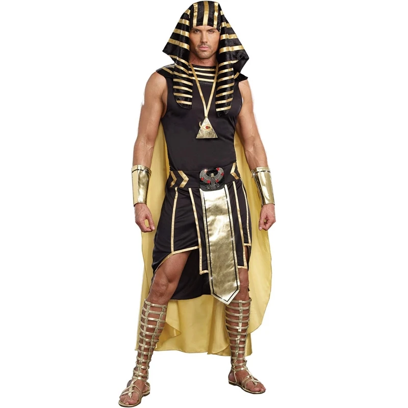 Men Egyptian Costume Set 7 Pcs Golden Trim Tank Tops Skirt Arm Sleeves Headwear Necklace Halloween Cosplay Outfits S-3XL