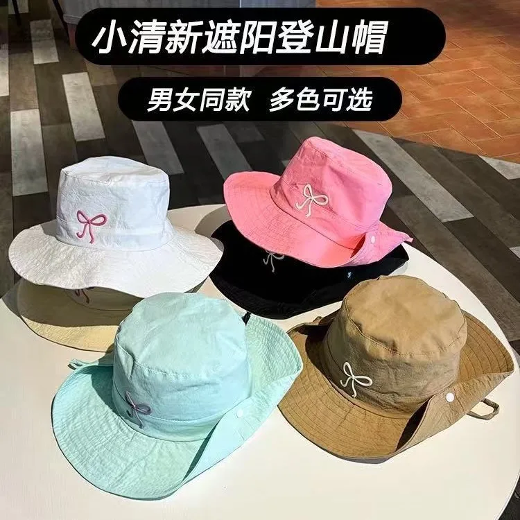 

Korean Style Women Sun Hat - Cute Pink Bow Fisherman Bucket Hat, Quick-Dry Windproof Outdoor Camping & Climbing Cap