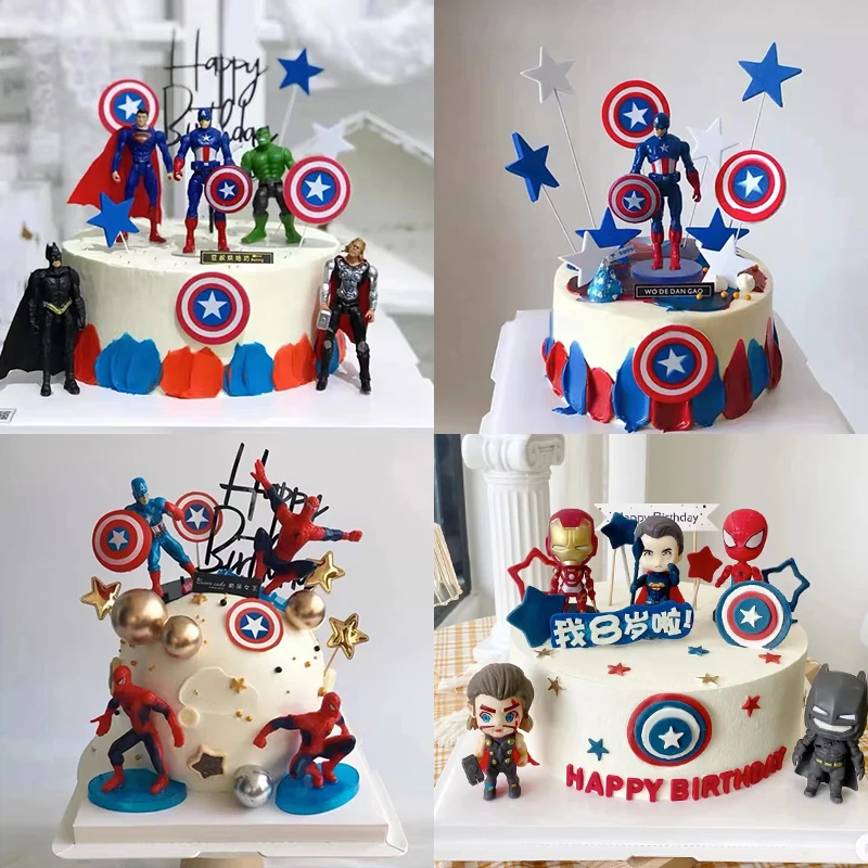 Captain America Super Hero Cake Decoration Ornaments for Children's Boy Happy Birthday Card Five-pointed Shield Plug-in