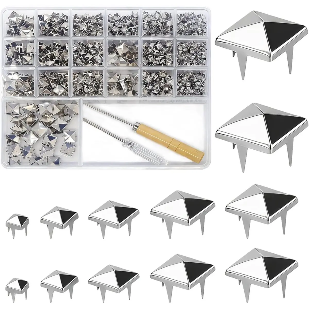ABUA Pyramid Studs for Clothing: 1222PCS Silver 4-Prong Square Metal Studs Kit Assorted Sizes Punk Spike Rivets for Crafts