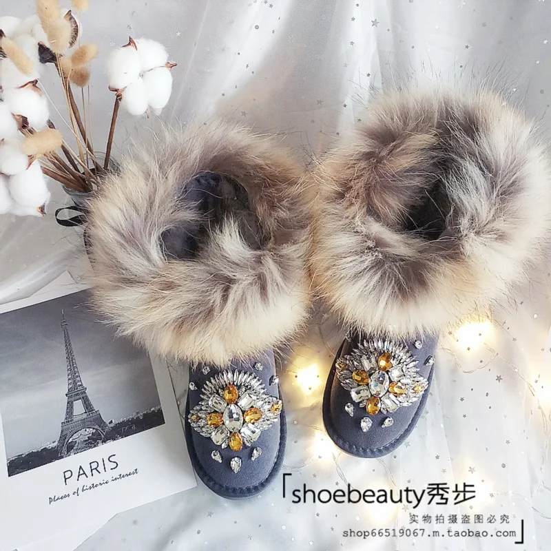 Luxury Fashion Real Soft Fox Fur Winter Snow Boots for Women Warm Shoes Genuine Leather Rhinestone Handmade Flat Ankle Boots