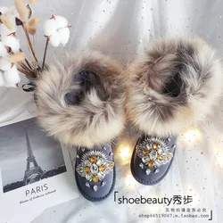 Luxury Fashion Real Soft Fox Fur Winter Snow Boots for Women Warm Shoes Genuine Leather Rhinestone Handmade Flat Ankle Boots