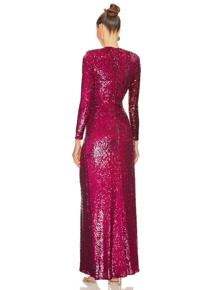 Sexy Long Sleeves Ruched Sequined maxi Dress Women Patchwork Color Sequins Folds Split Long Dress Elegant Celebrity Party Gowns