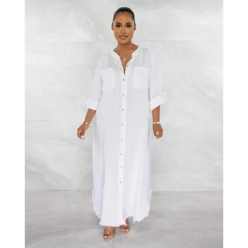 Women Shirt Dress Single Breasted Tassel Splice Long Dresses Maxi Loose Y2k Full Sleeve V Neck Solid Vestidos Casual Spring