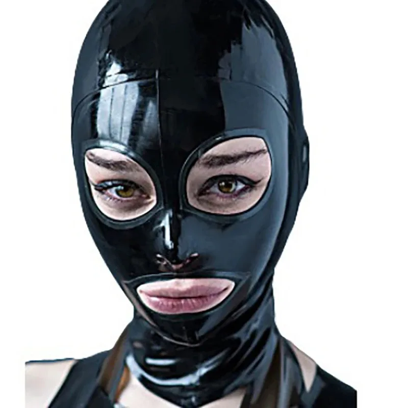 ユニセックス ウェットルック オープンアイズとマウス ラテックス フードマスク、ブラック ヘッドカバー ハロウィン コスプレ ヘッドギア クラブウェア cm;5