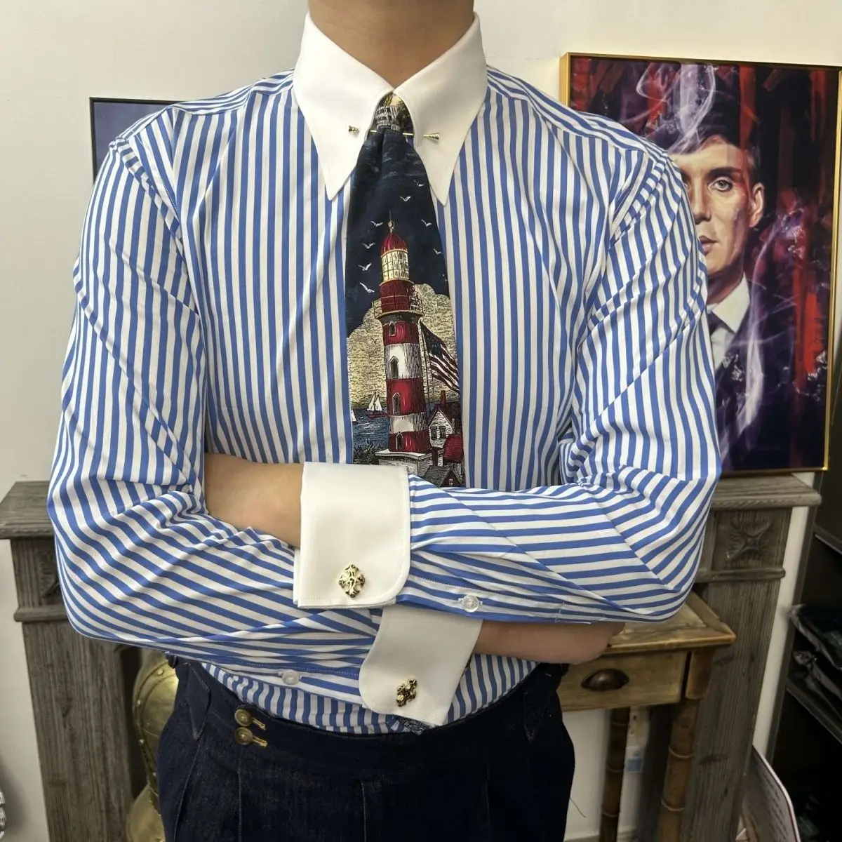 Elegant Retro Pointed Collar Button up Slim Fit Long Sleeve Men's Shirt Color Block Empire Collar Striped Design All Seasons