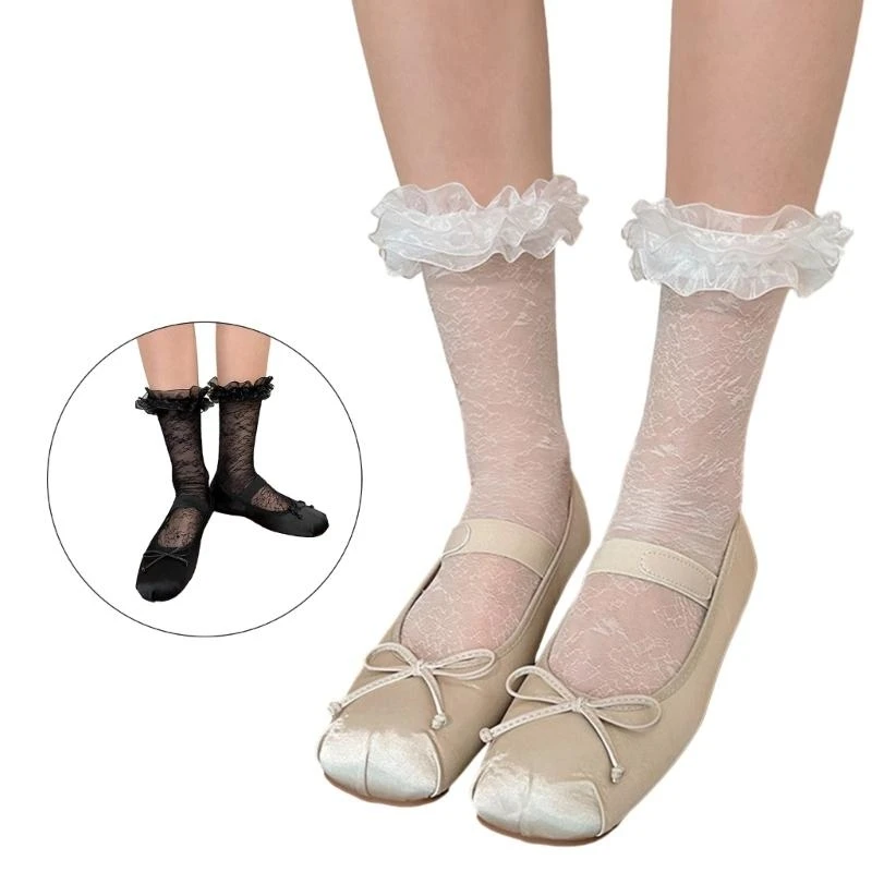 Kobiety Lolita przezroczysta siateczka załogi skarpetki słodkie koronki z falbankami wykończenia Bowknot słodkie miłość serce wzór Anime księżniczka wyroby pończosznicze — zdjęcie 6