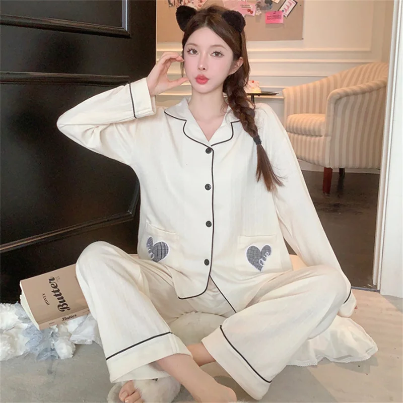 Lapel Collar Pajama Sets For Women Long Sleeve Cotton Pyjamas Femme Autumn Winter Sleepwear 2PCS Nightwear Home Clothing New