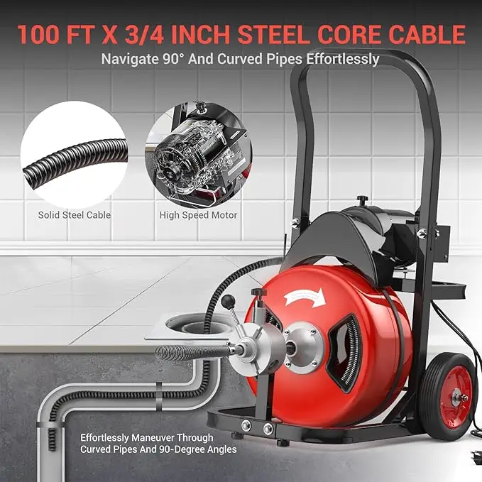 100Ft 3/4 In Electric Drain Cleaner Machine,Auto Feed Sewer Snake Drain Auger Portable Electric Drain Cleaner for 4
