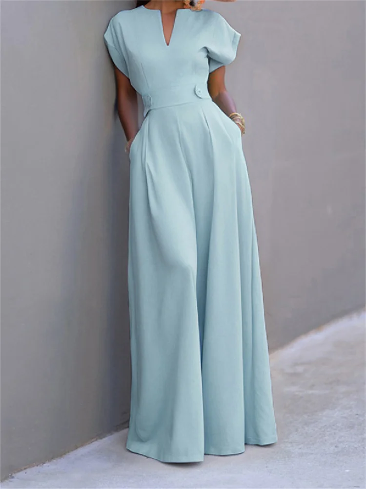 

UOOZEE Women's Jumpsuits 2025 V-Neck Cap Sleeves High Waisted Wide Leg Solid Color Loose Elegant Office Commute Formal Overalls