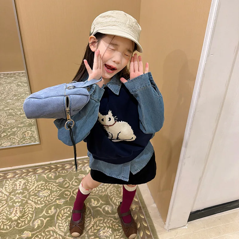 New Children's Clothing for Girls Cartoon Kitten Jacquard Knitted Vest Korean Round Neck Layered Sleeveless Sweater Vest Top
