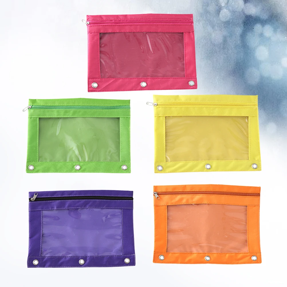 

5pcs Pencil Case Large Capacity Stationery Bag Canvas Material Rivet Holes 3Ring Binder-Compatible Zipper Pouch School Office
