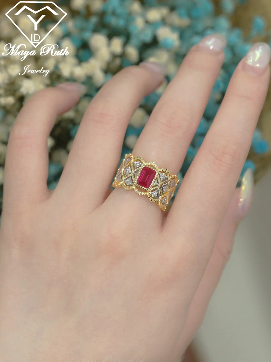Lab Created Ruby Real 925 Sterling Silver Gold Plated Designer Cocktail Lace Ring For Women Vintage Aesthetic French Retro Style