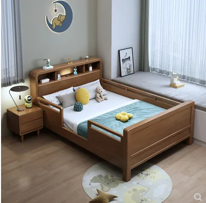 All solid wood children's bed with lamp 1.2m boys and girls 1.5m small single bed, bedroom splicing