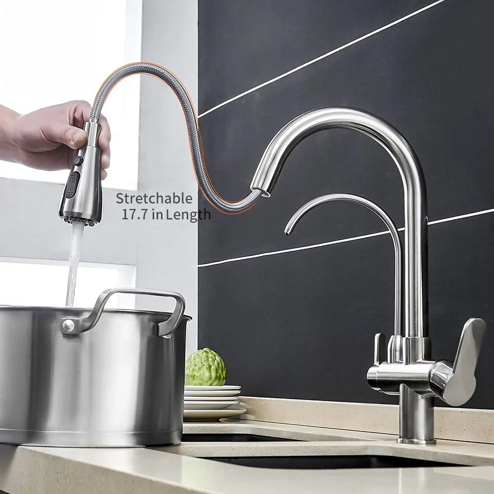 Kitchen Sink Faucet with Pull Down Sprayer 2 Handles 3 in 1 Water Filter Water Purifier Faucet Countertop Sink Hose Accessories