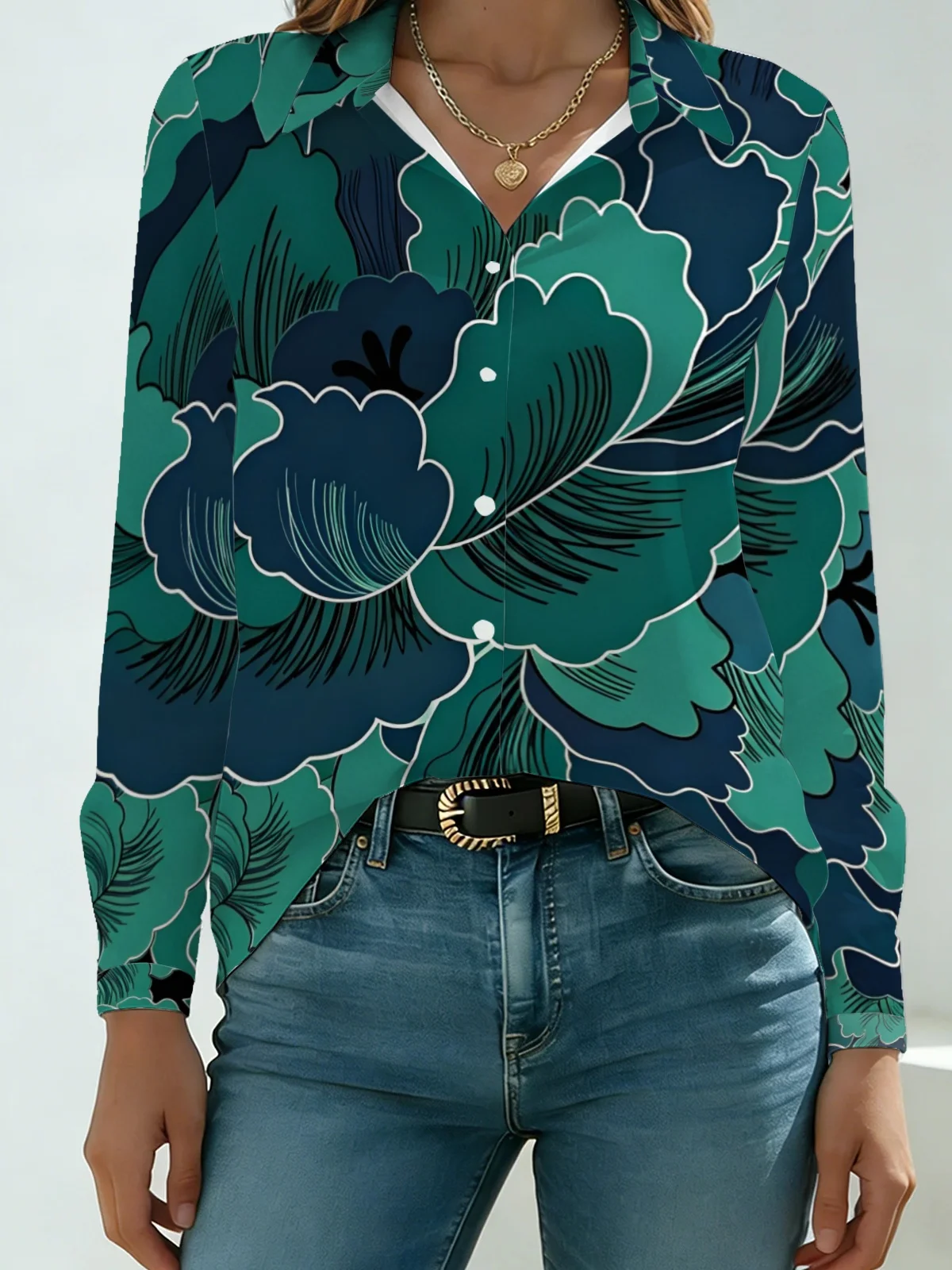 Boho Retro Large Petal Floral Print Women Lapel Blouse Dark Teal Gradient White Line Outline Flower Long Sleeve Shirt Autumn Tra