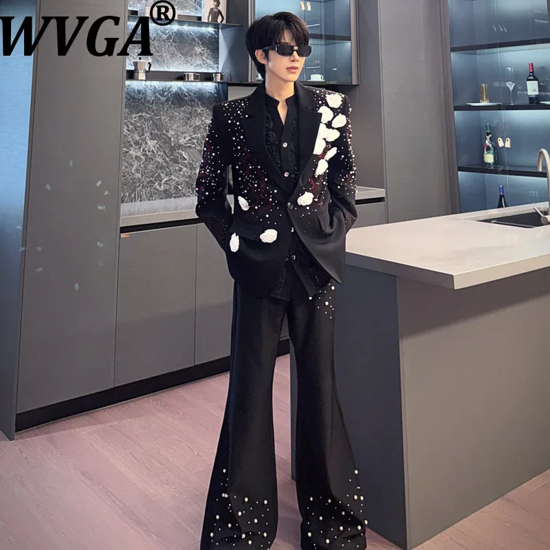 WVGA Autumn New Men's Luxury Three-dimensional Floral Blazer Beadwork Diamond Embellishments Niche Casual Shirt Pants Set W27781