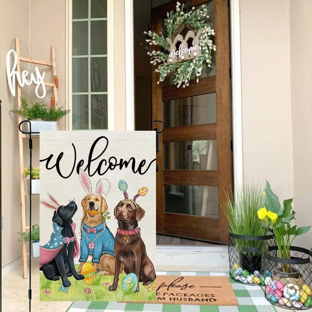 CROWNED BEAUTY Easter Dogs Garden Flag 12x18 Inch Double Sided for Outside Small Welcome Burlap Holiday Yard Decoration CF17 yyi