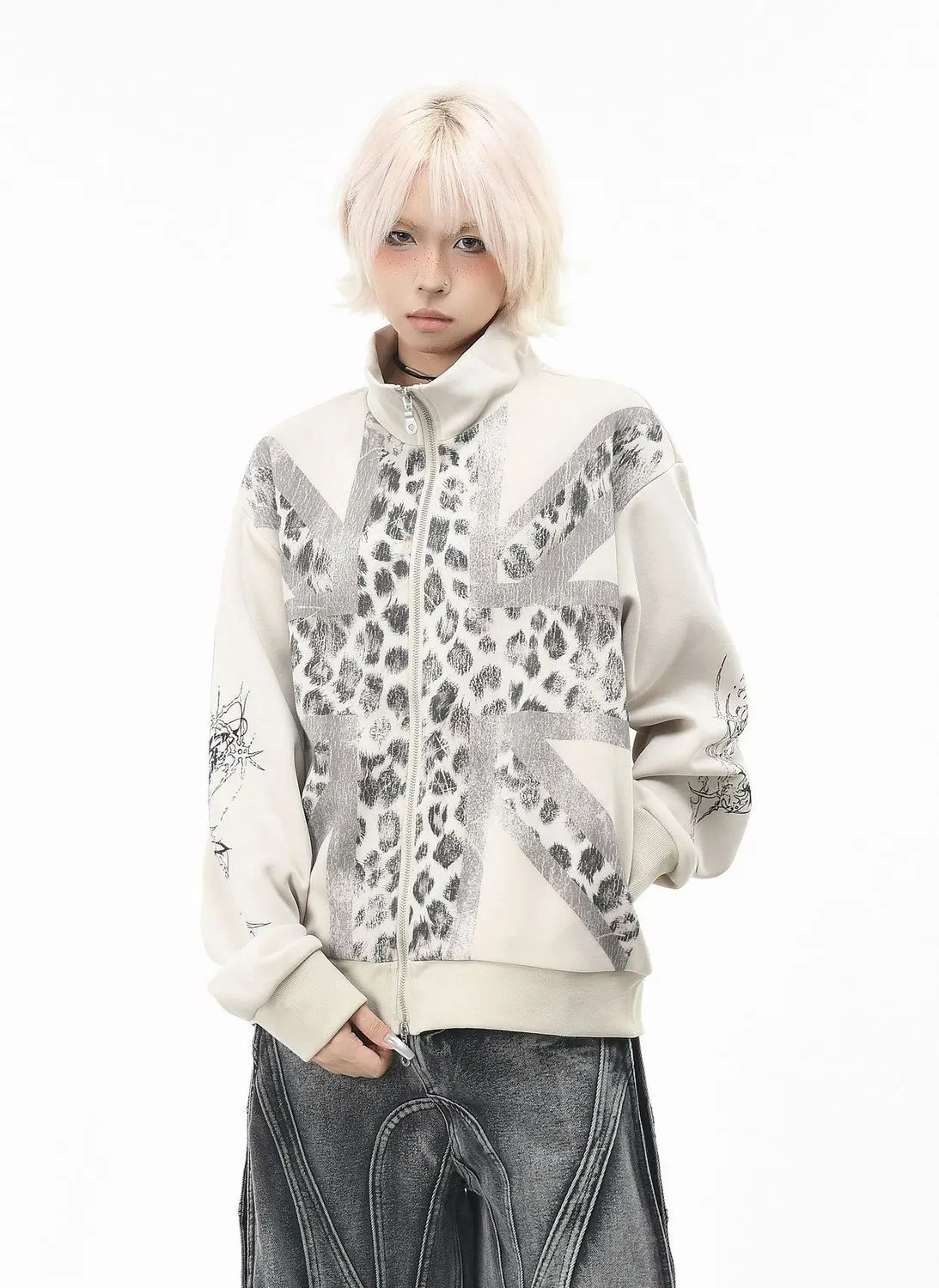 Leopard print checkered flag design double-zip hoodie for men and women casual jacket trendy and fashionable apparel Y2K Punk