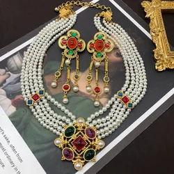Vintage courtly multilayer pearl necklace High quality Hepburn style colored glass gem choker women's wedding banquet jewelry