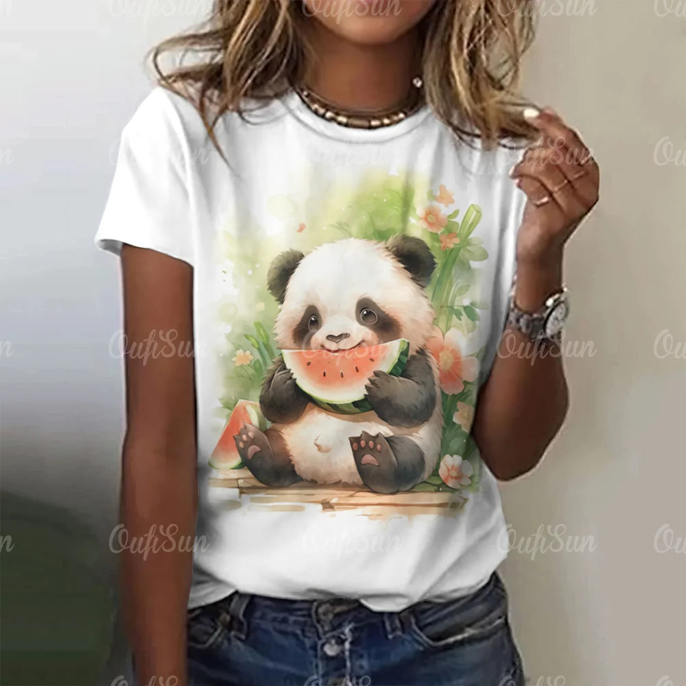 Cartoon Panda Pattern Women\'s T-Shirt O Neck Short Sleeve Tees Loose Pullover Summer For Ladies Female Fashion Streetwear Tops