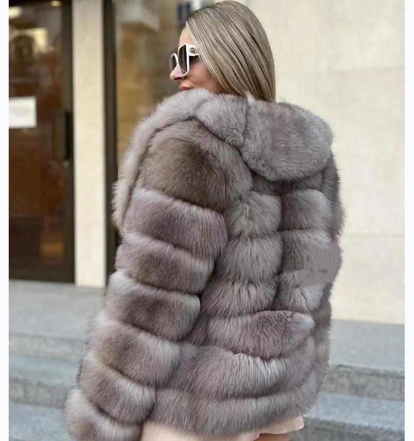 Jaqueta Real Fox Fur feminina, mangas destacáveis, lapela grande, quente e elegante, inverno