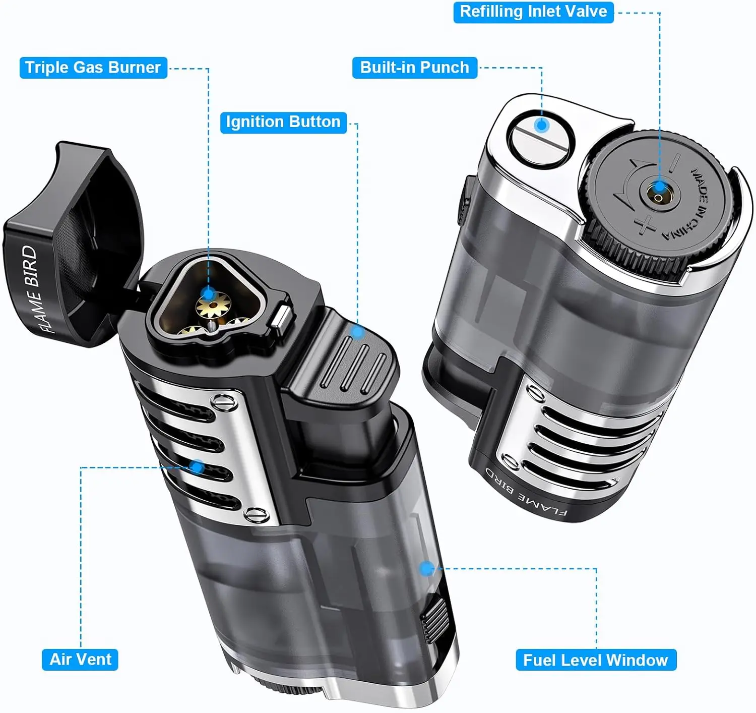 New 3-Flame Transparent Torch Lighter  Refillable Windproof Gas Lighters, Cigar Special Men's Cigarette Accessory Gift