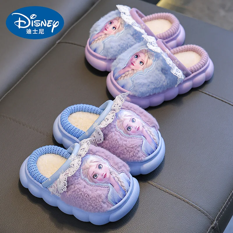 Disney Frozen Girls Cotton Slippers Soft Elsa Winter Warmer Indoor Warmth Preservation Non Slip Bedroom Children\'s Plush Shoes