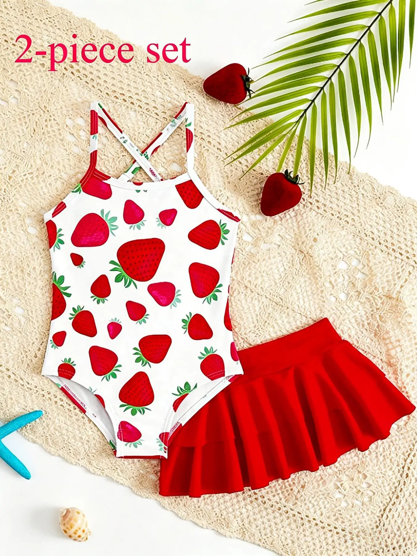 Children's Strawberry Pattern Swimsuit with Suspenders + Double-Layered Ruffle Skirt Set, Girls' Beach Vacation Swimwear Two-Piece Set, Beach Baby Swimsuit Set, Red and Pink, Cute, Fashionable, Versatile