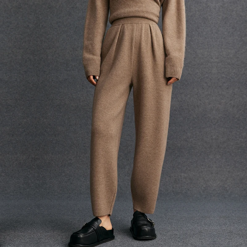 Women's 100% Cashmere Casual Solid Color Knitted Jogging Pants Elastic Waist Sports Pants with Pocket Thickened Warm
