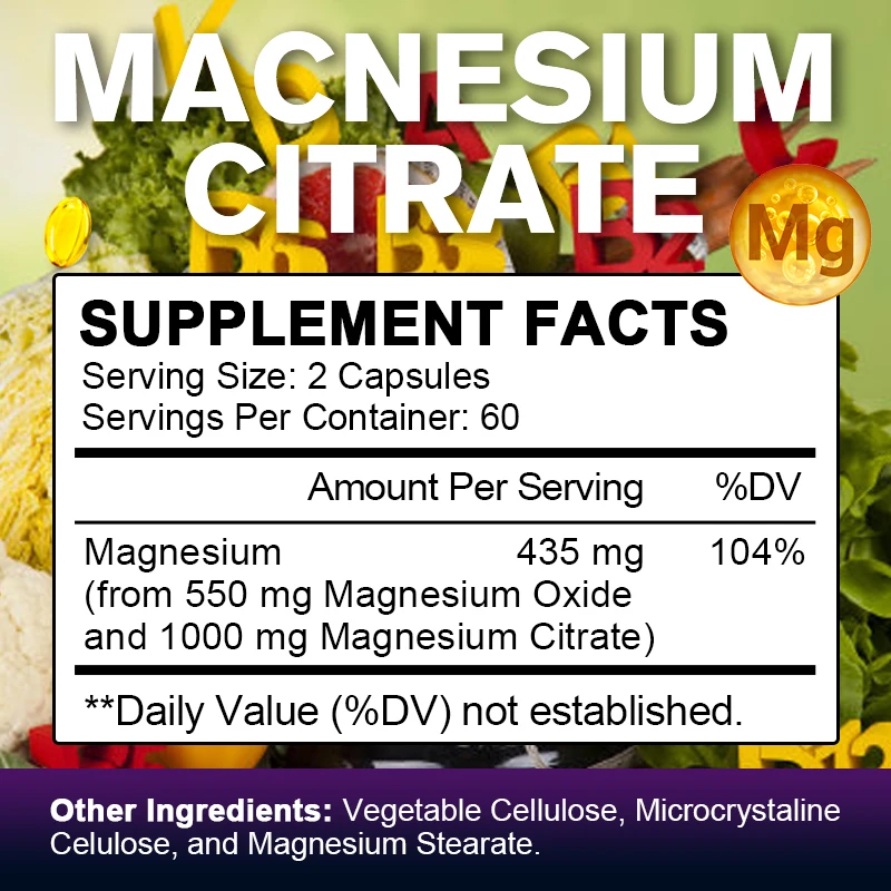 Magnesium Citrate Capsules - High Potency for Sleep, Easy to Swallow Pills for Women & Men, Muscle & Energy Support