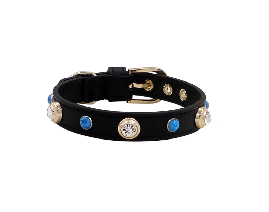 

Black Collar for Dog Pet Bling Czech Stone Genuiner Leather Puppy Cat Necklace High-end Pure Handmad Drop Shipping For Dogs