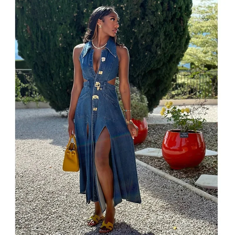 Sexy aushöhlen Denim lange Kleider Frauen Mode einreihig solide ärmellose Revers geteilt eine Linie Kleid Dame Sommer Dame Robe