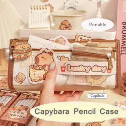 Canvas Capybara Pencil Case New Portable with Mesh Coin Bag Lightweight Pencil Box Large Capacity Pen Bag