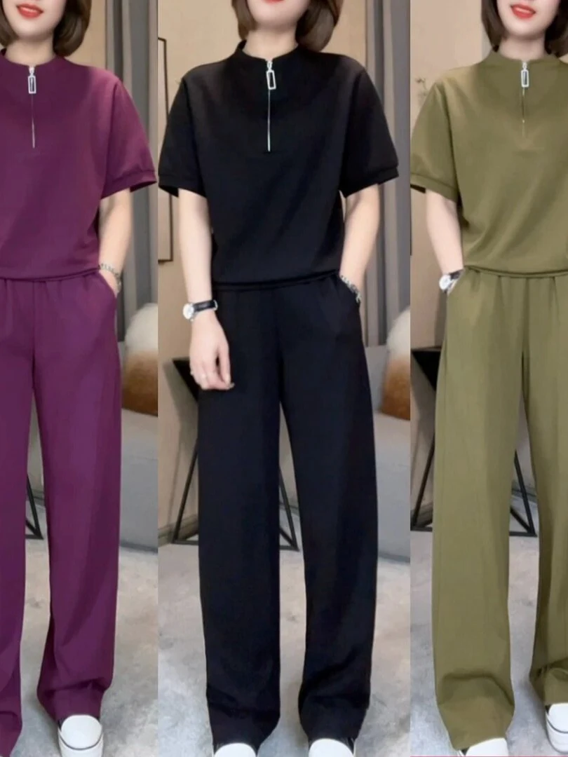 

Original Fashion Ice Silk Casual Set Women's Spring Short Sleeve Stand Collar Top Wide Leg Pants Two Piece Set Elegant